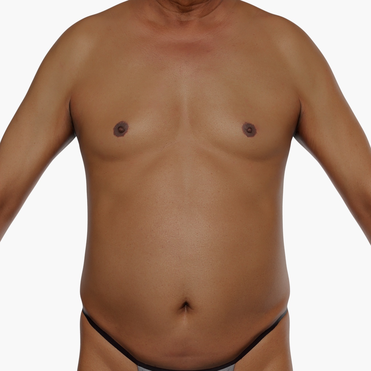 Zoomed torso render of a stocky older male 3D scan showing soft midsection and natural skin texture detail